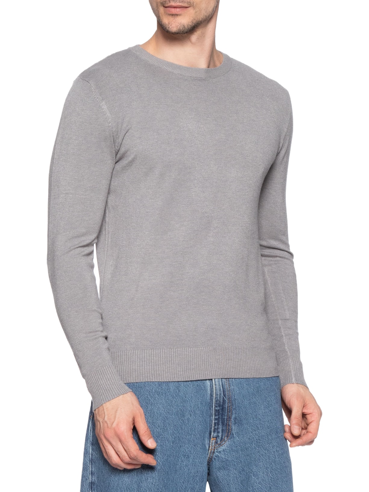 Suéter Tricot Masculino Básico Gola Redonda Cinza Basiq Men