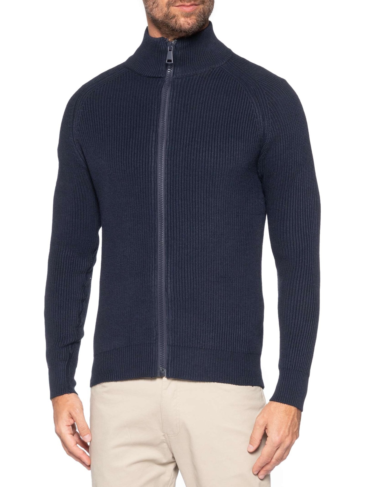 Suéter Tricot Masculino Gola Alta Com Zíper Azul Basiq Men