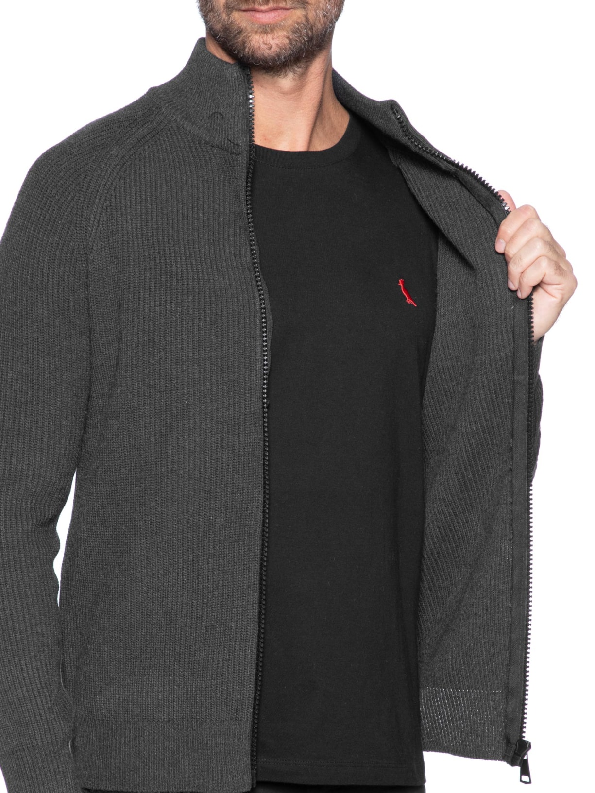 Suéter Tricot Masculino Gola Alta Com Zíper Cinza Basiq Men