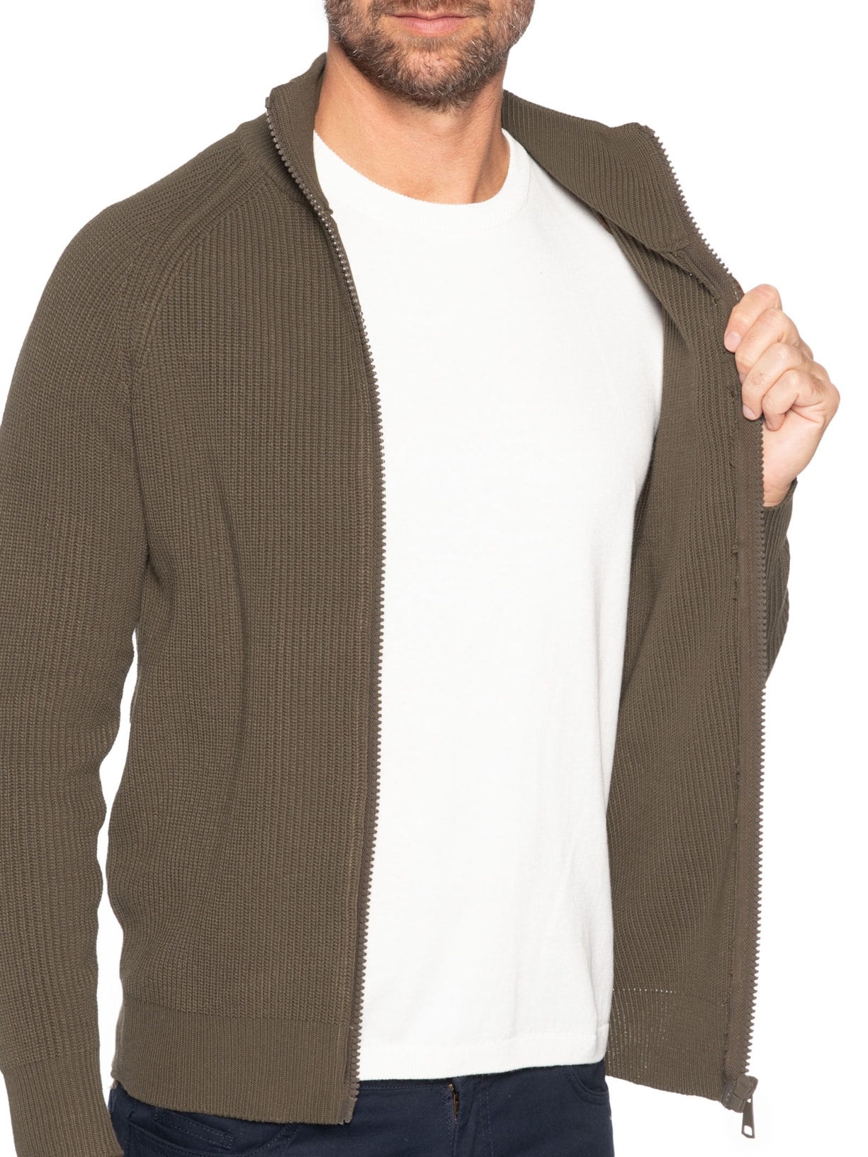 Suéter Tricot Masculino Gola Alta Com Zíper Marrom Basiq Men