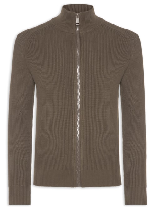 Suéter Tricot Masculino Gola Alta Com Zíper - Marrom