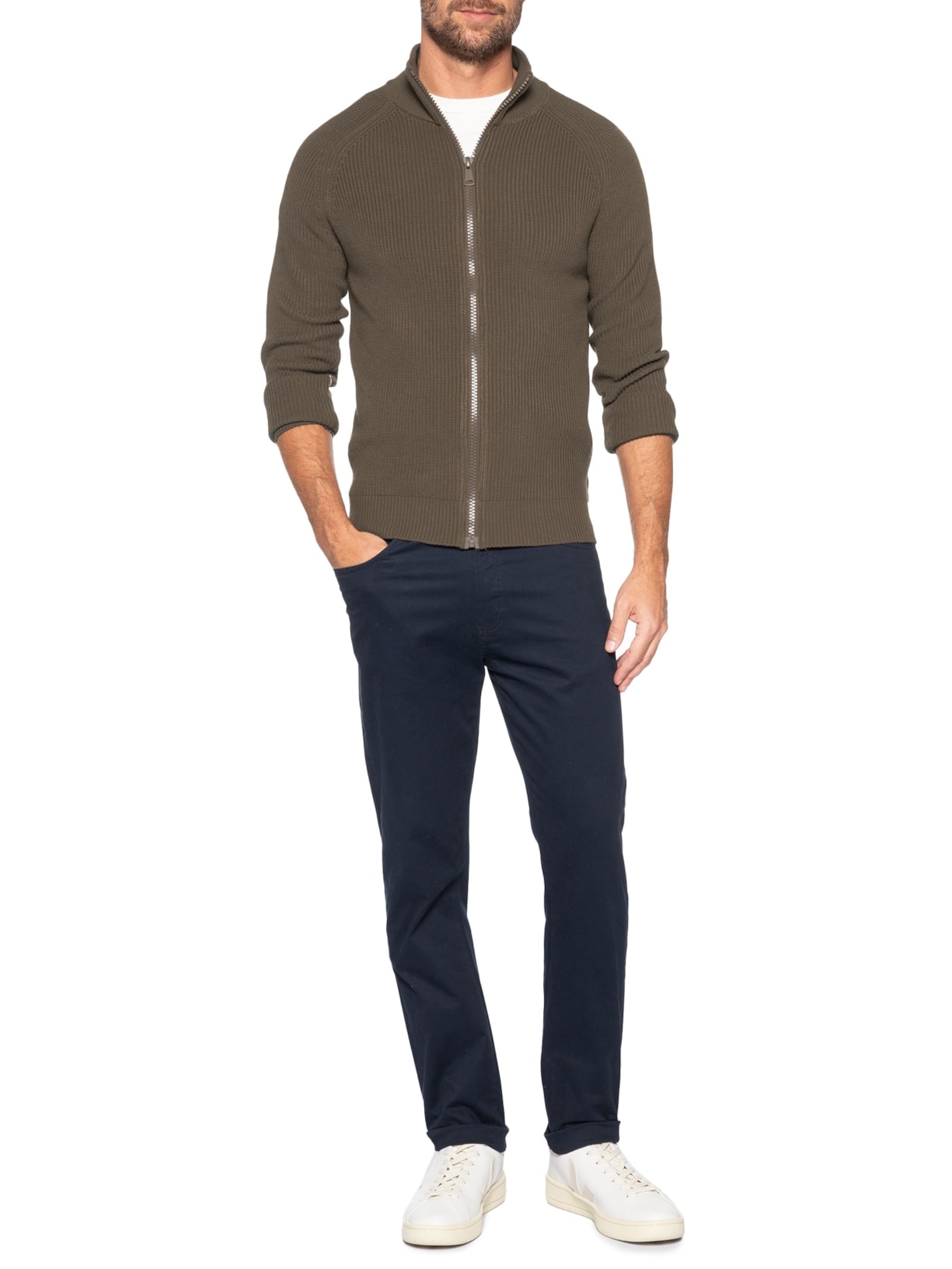 Suéter Tricot Masculino Gola Alta Com Zíper Marrom Basiq Men