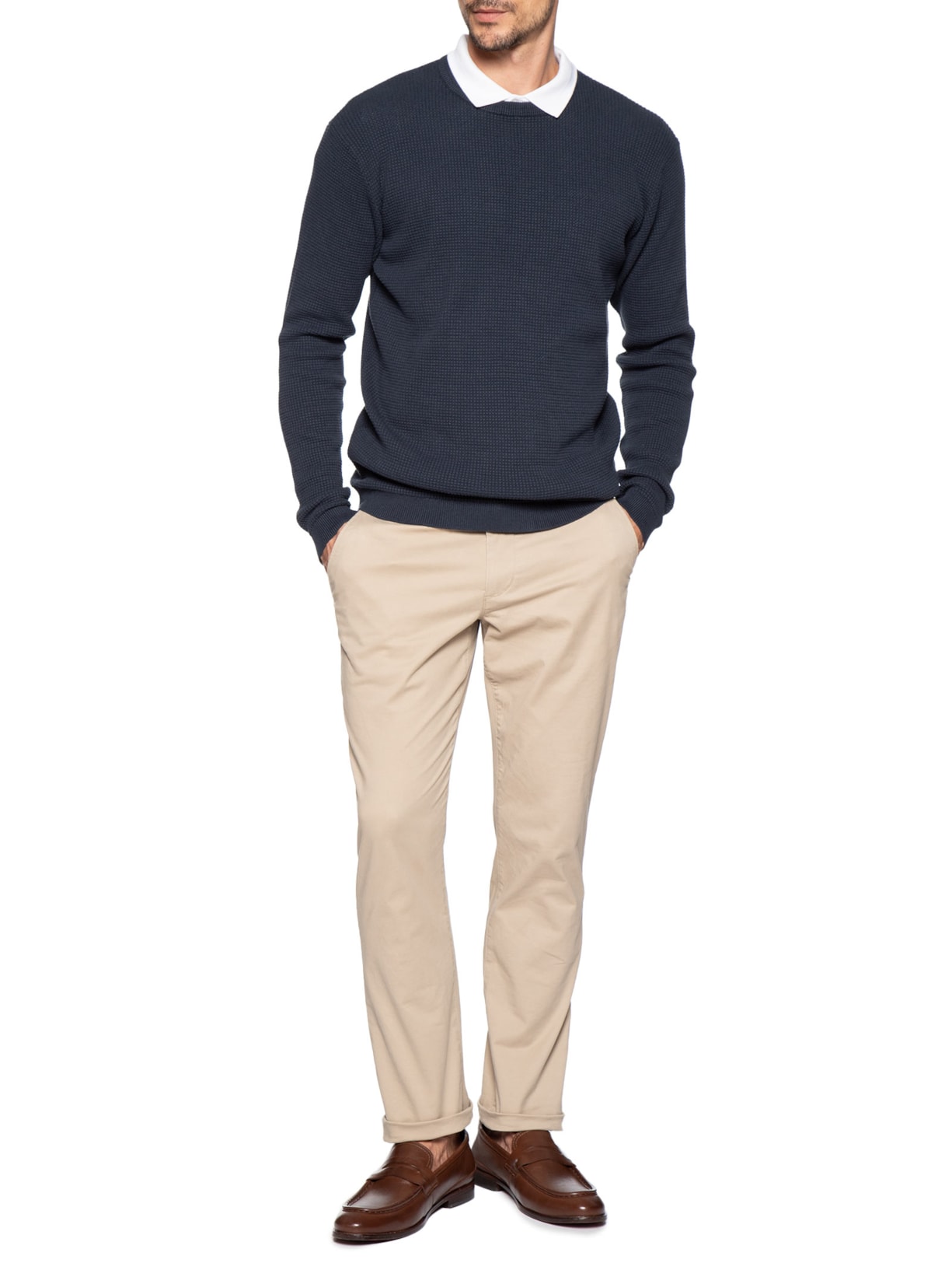 Suéter Tricot Masculino Gola Redonda Texturizada Azul '2 Essential