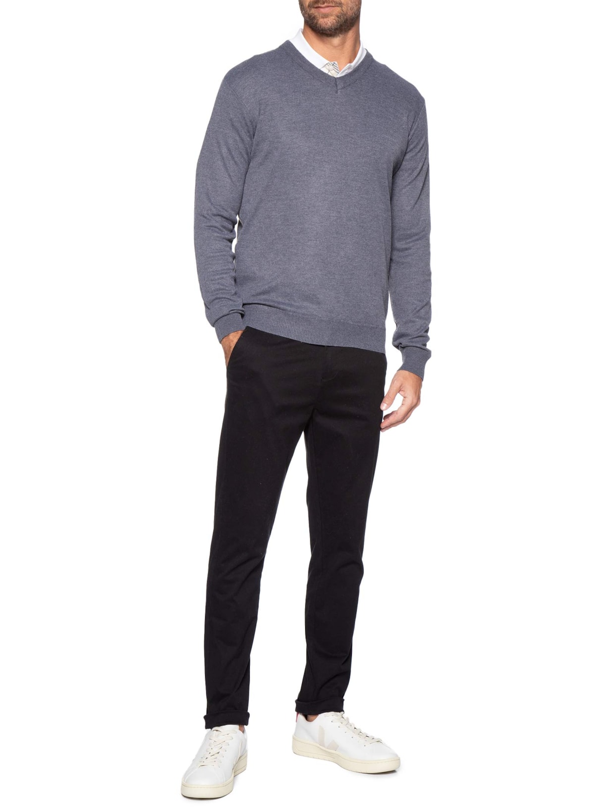 Suéter Tricot Masculino Gola V Básico Cinza Basiq Men
