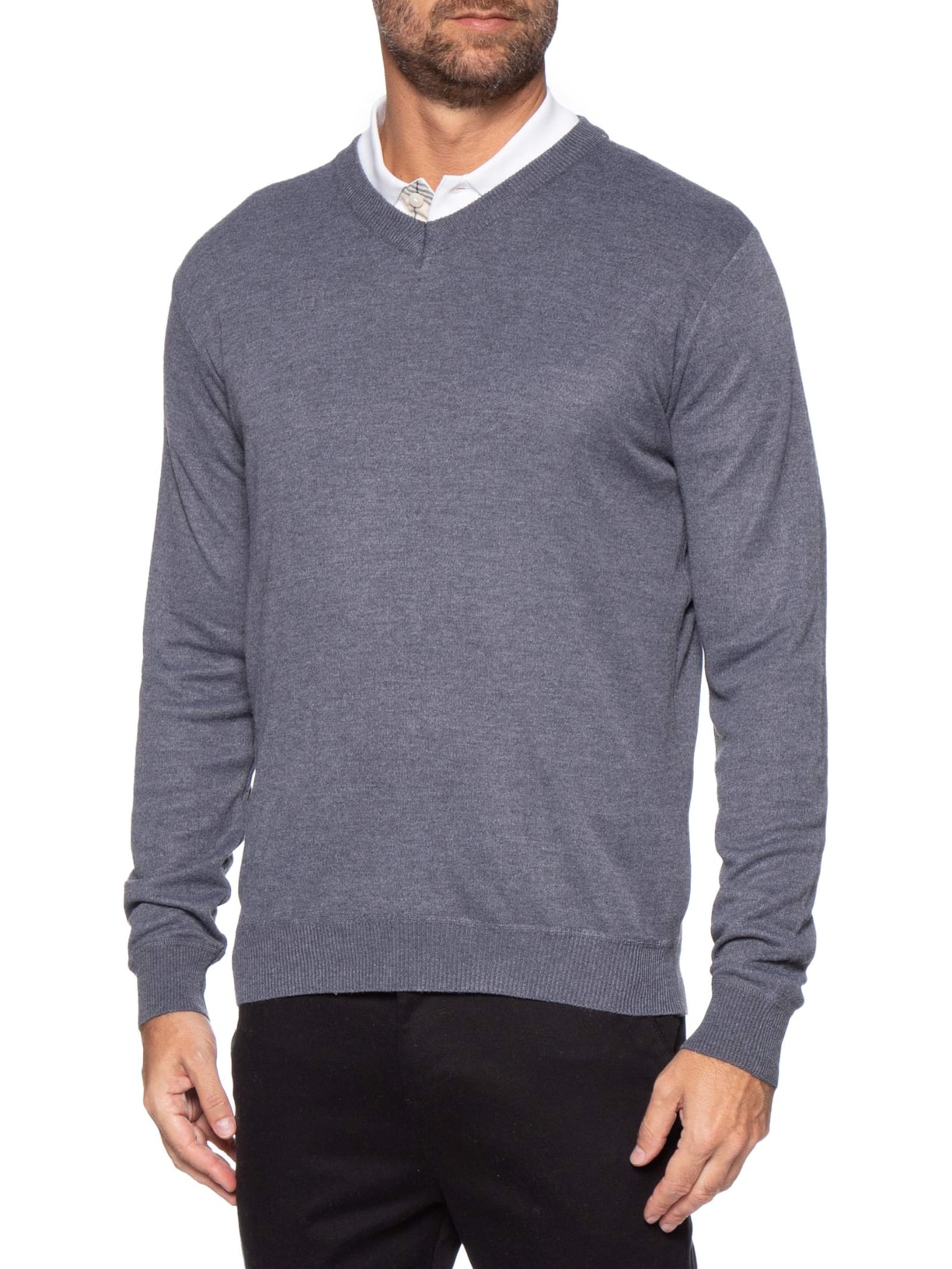 Suéter Tricot Masculino Gola V Básico Cinza Basiq Men