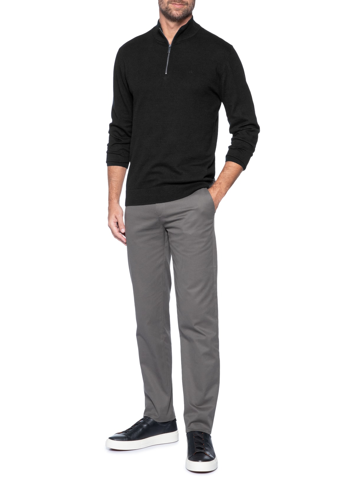 Suéter Tricot Masculino Meio Zíper Preto Calvin Klein
