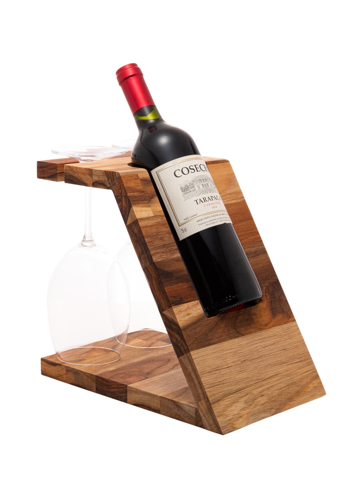 Suporte Para Garrafa De Vinho E Taça Teca Em Madeira - Marrom