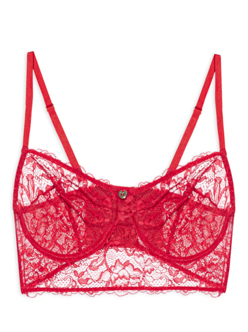 Sutiã Meia-Taça Alongado Sem Bojo Com Aro Em Renda - Vermelho