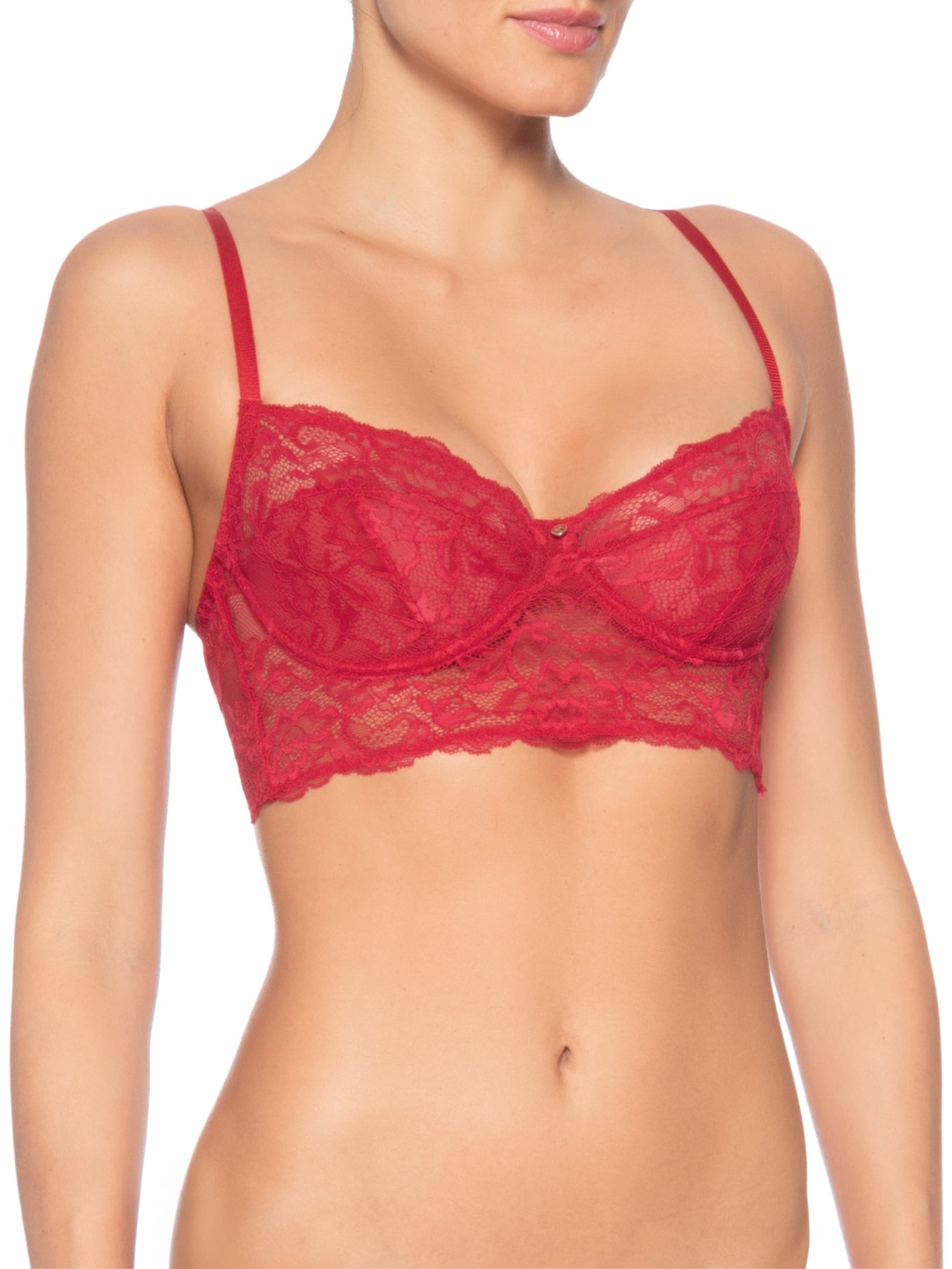 Sutiã Meia-Taça Alongado Sem Bojo Com Aro Em Renda Vermelho Hope