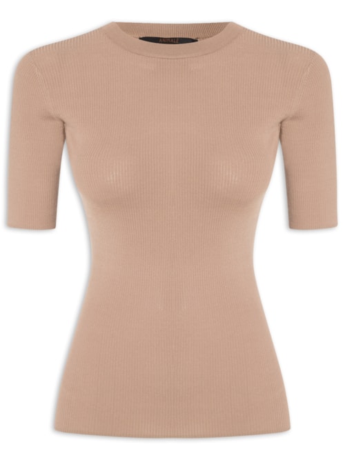 T-Shirt De Tricot Canelado Básica - Marrom
