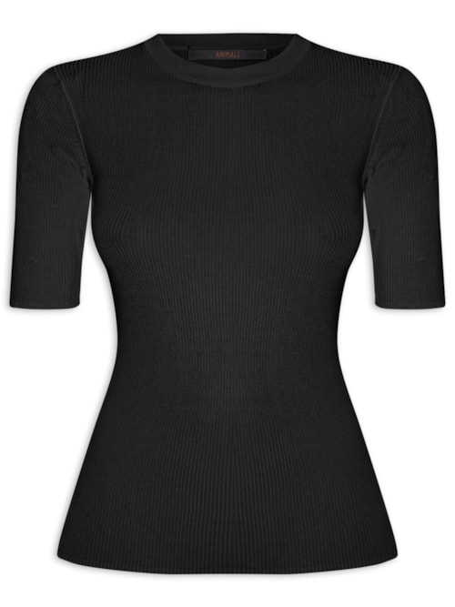 T- Shirt Feminina Basica Tricot Canelado - Preto