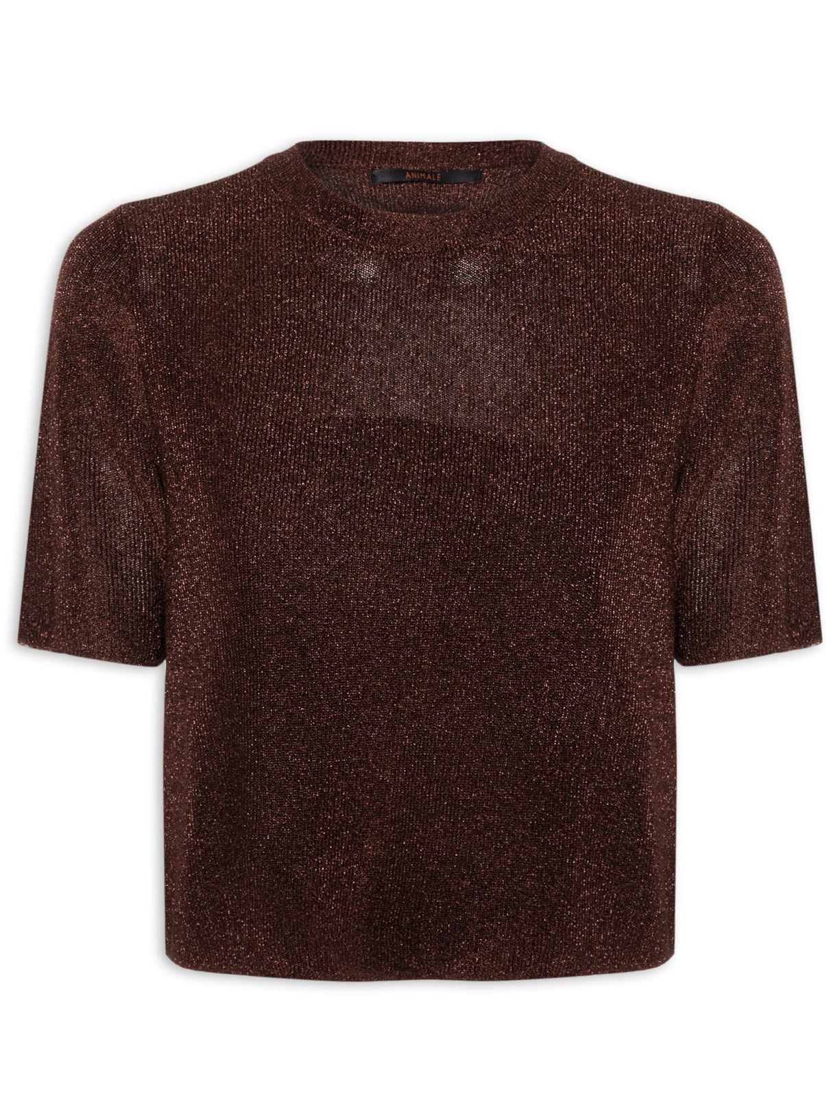 T- Shirt Feminina Decite redondo Tricot Lurex Marrom Animale