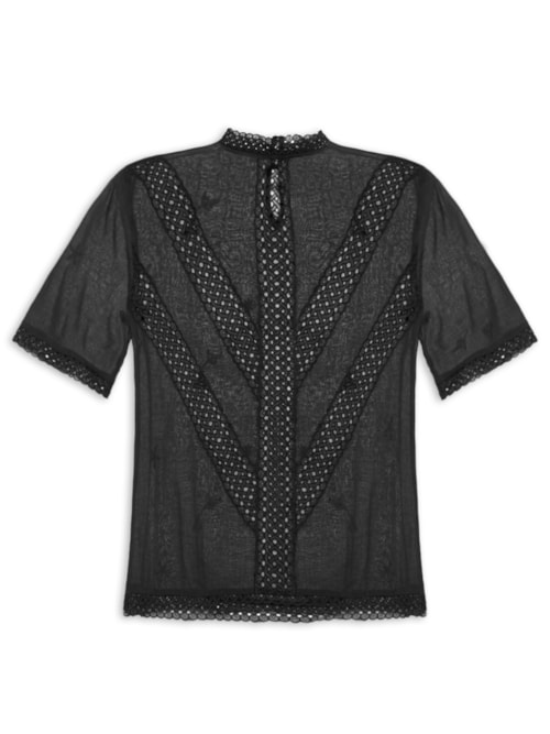 T-shirt Feminina Manga Curta Bordada - Preto