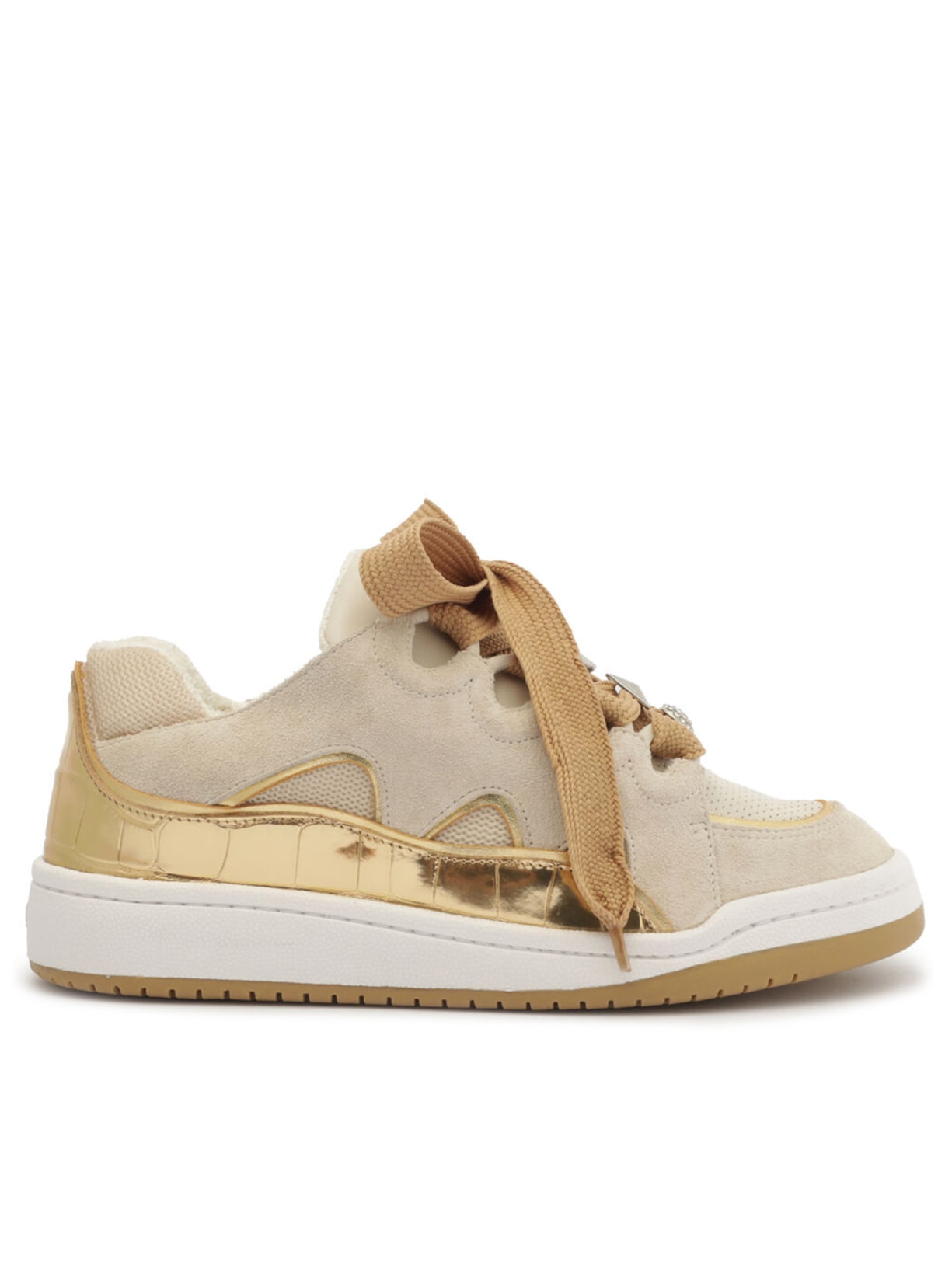 Tênis Feminino Sola Baixa Recortes Couro - Bege