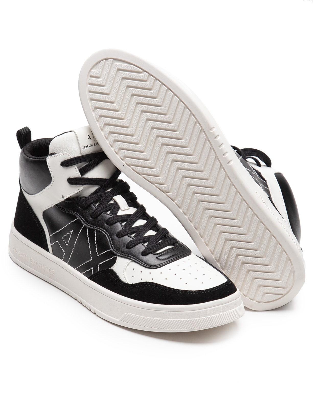 Tênis Masculino Cano Alto com Recortes em Couro Preto Armani Exchange