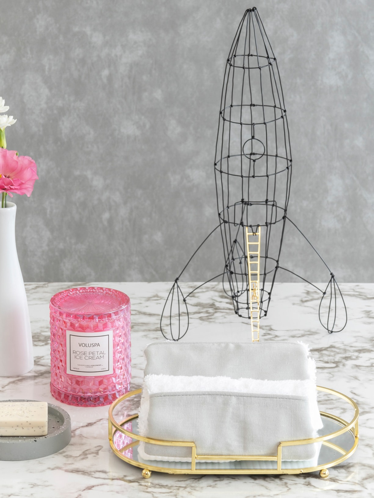 Toalha Lavabo Lino Gris Viés Cinza Blue Gardenia