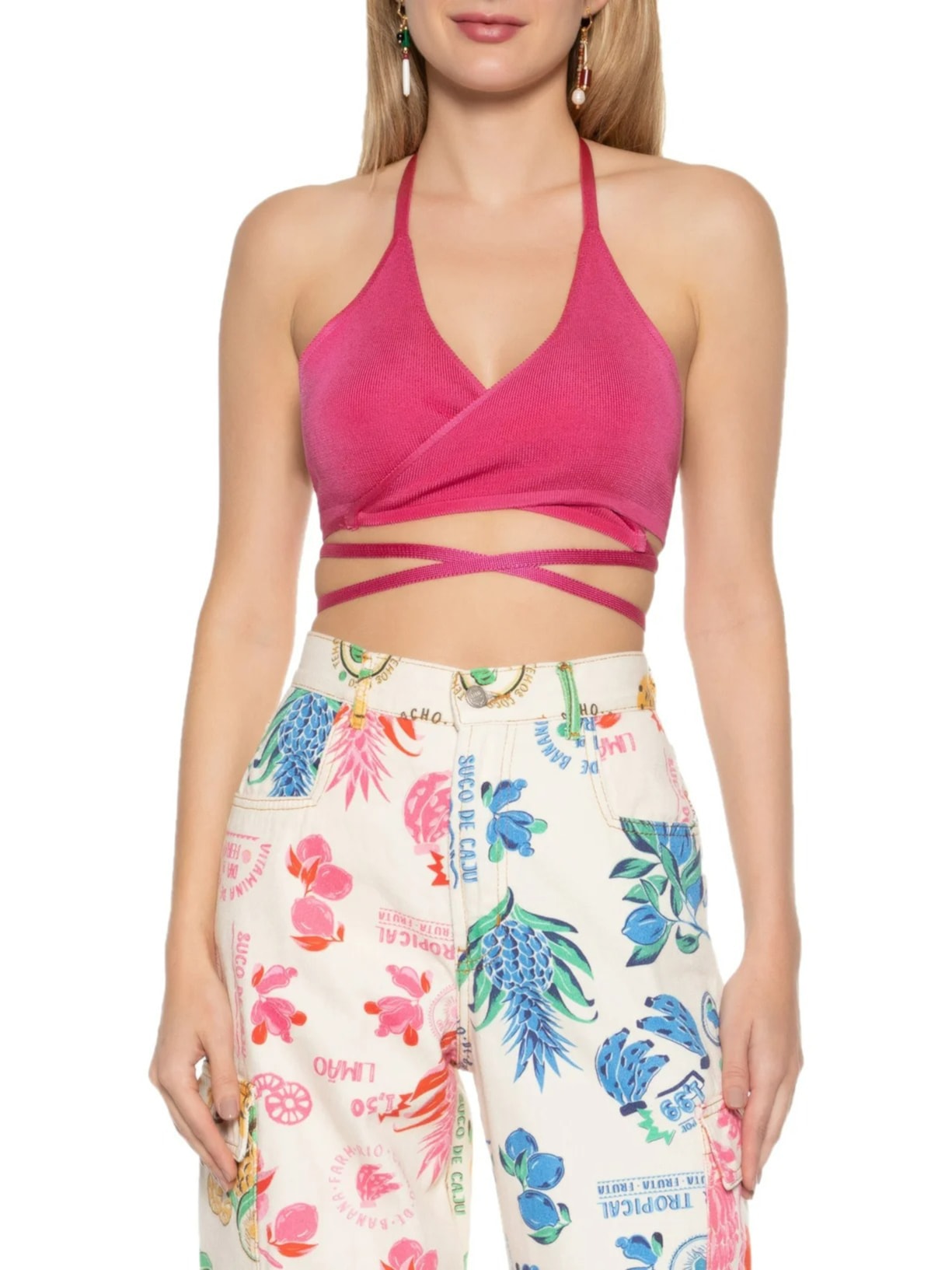 Top Biquíni Tricot Amarração Rosa Farm