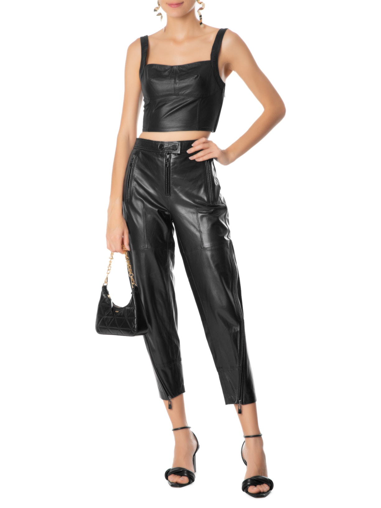 Top Cropped De Couro Recortes Preto Animale