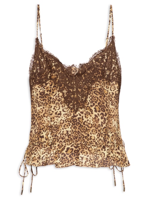 Top Cropped De Seda Estampa Onça Classic Detalhe De Renda - Animal Print