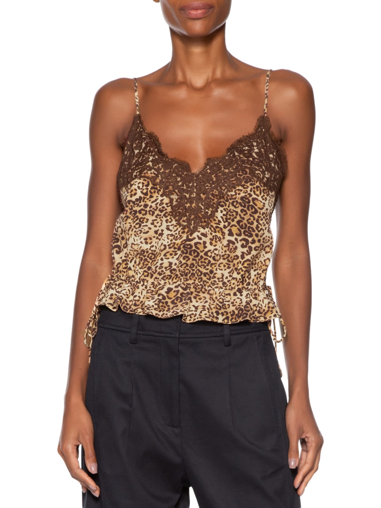 Top Cropped De Seda Estampa Onça Classic Detalhe De Renda Animal Print Animale