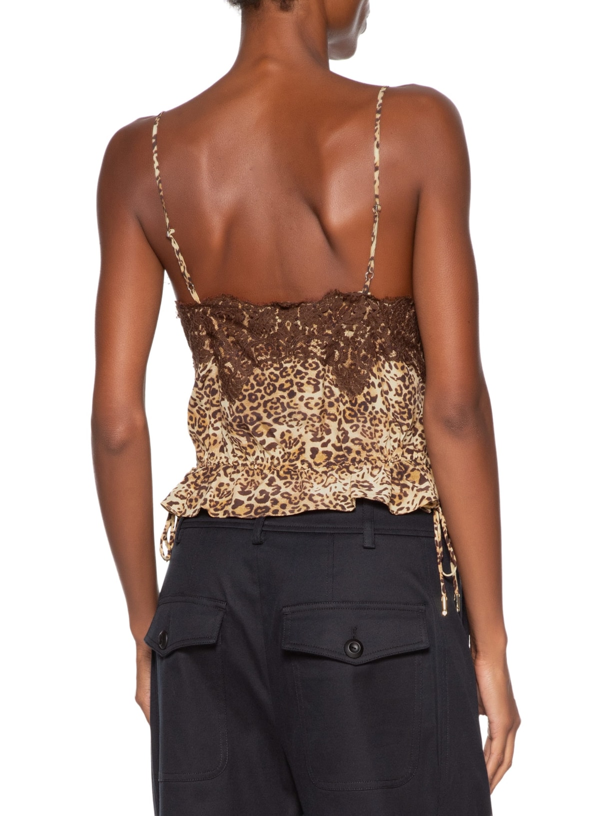 Top Cropped De Seda Estampa Onça Classic Detalhe De Renda Animal Print Animale