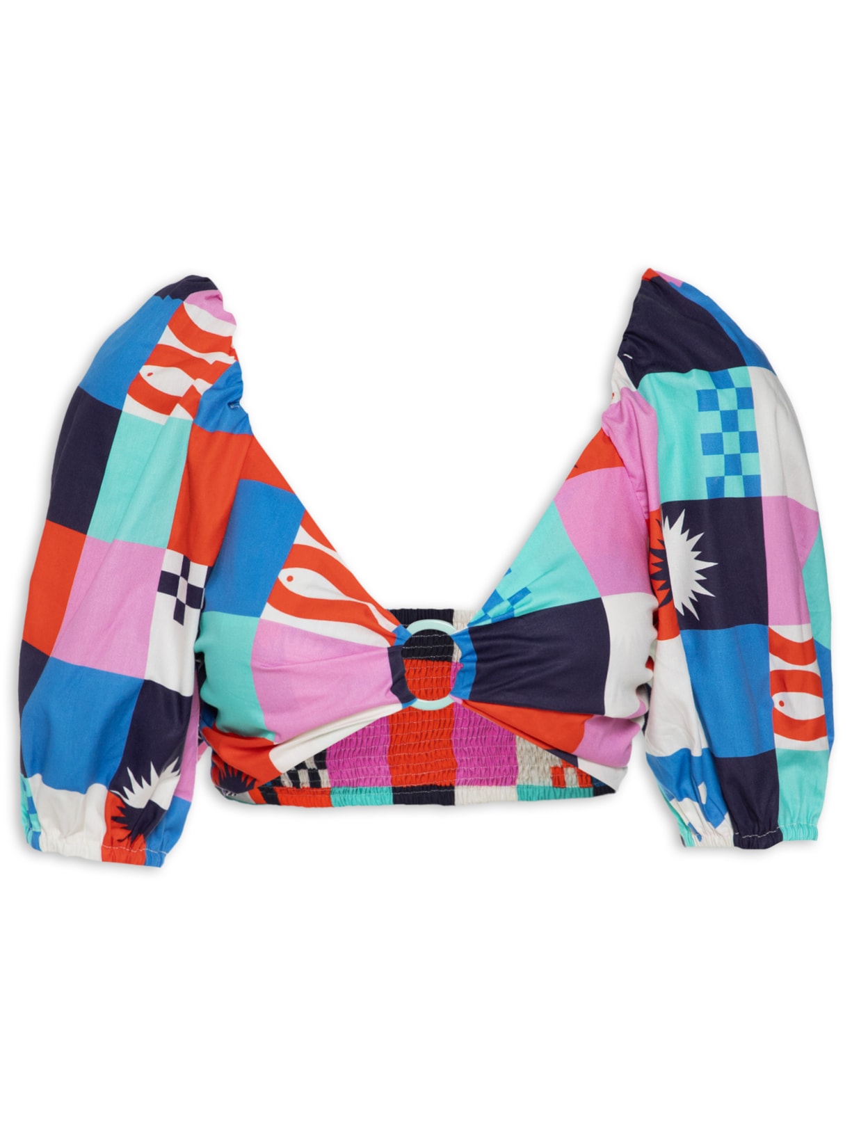 Top Cropped Estampa Xadrez Navy - Azul