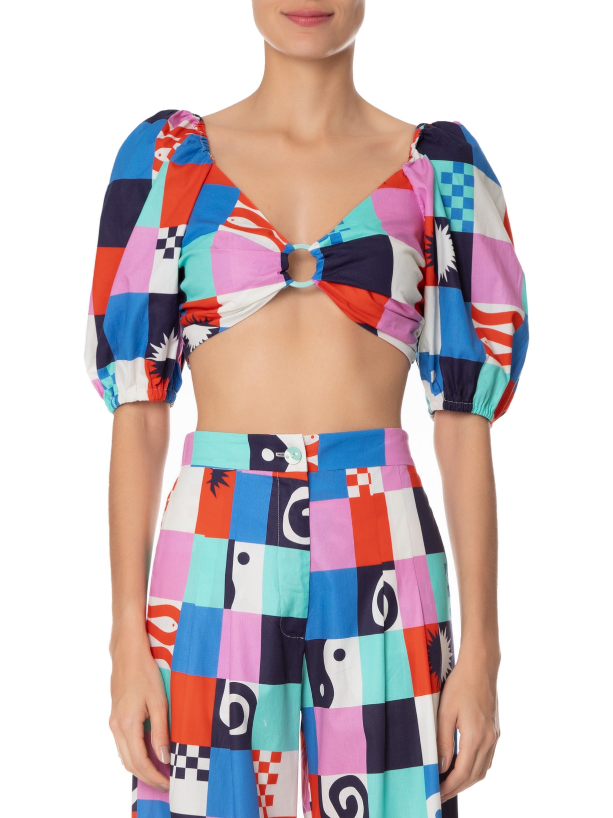 Top Cropped Estampa Xadrez Navy Azul Dress To