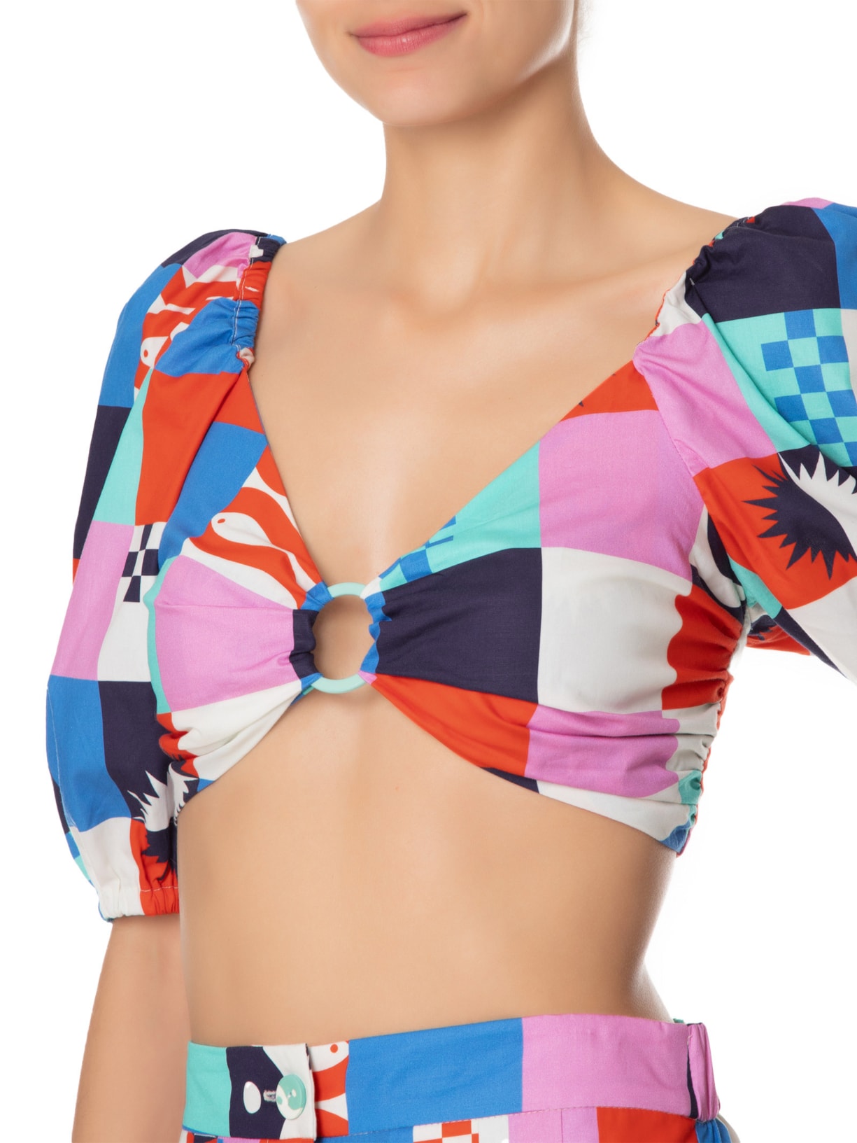 Top Cropped Estampa Xadrez Navy Azul Dress To