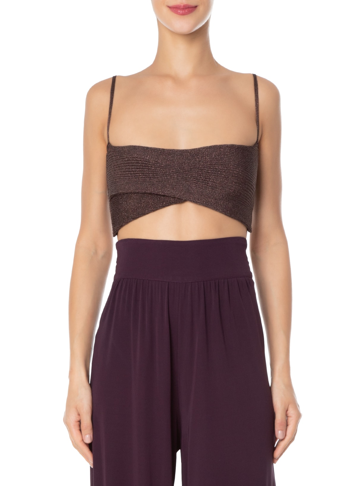 Top Cruzado Tricot Canelado Marrom Animale