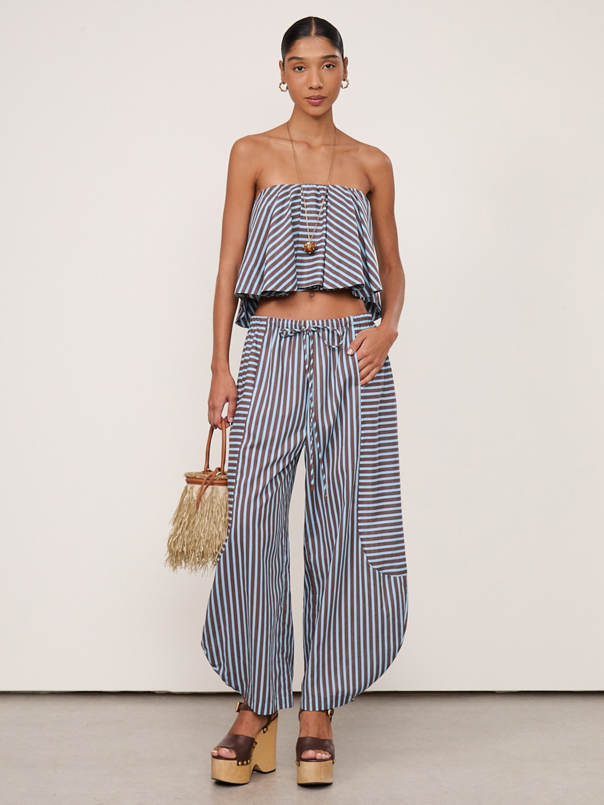 Top De Algodão Cropped Listrado Marrom Animale