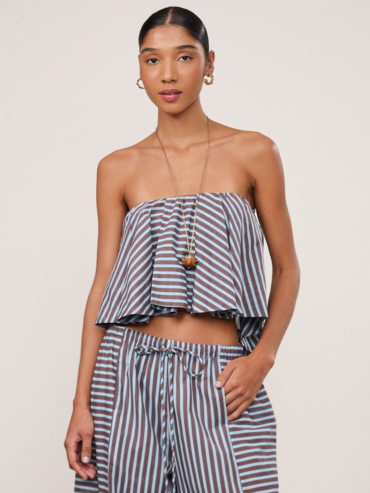 Top De Algodão Cropped Listrado Marrom Animale