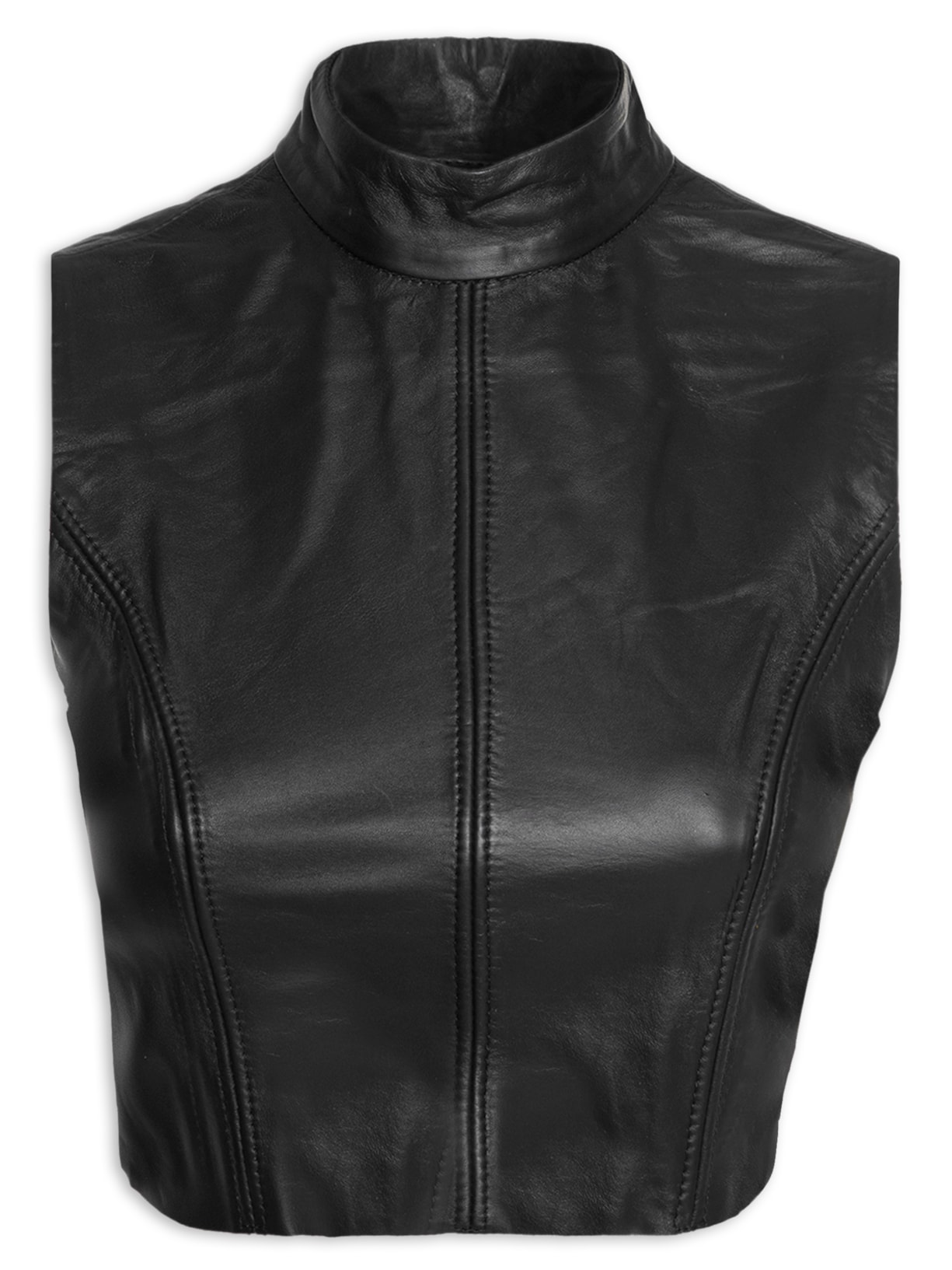 Top De Couro Cropped Gola Alta - Preto