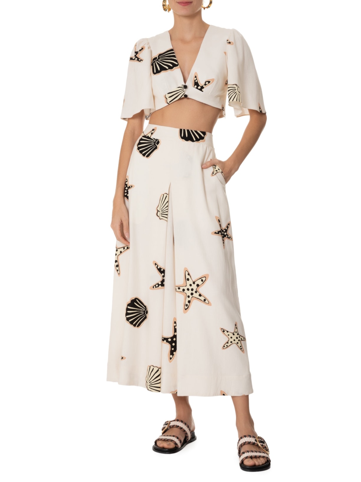 Top Decote V Linho Estampa Marinha Bege Dress To