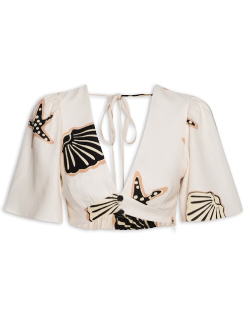 Top Decote V Linho Estampa Marinha - Bege