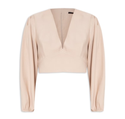 Top Decote V Manga Bufante - Bege