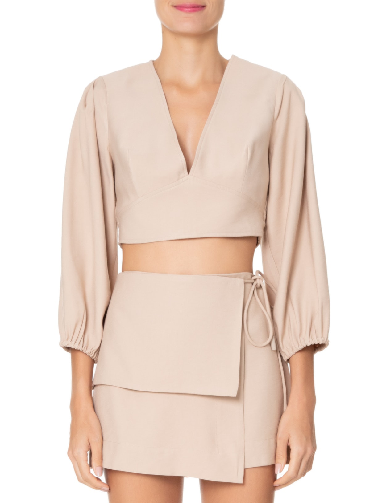 Top Decote V Manga Bufante Bege Animale