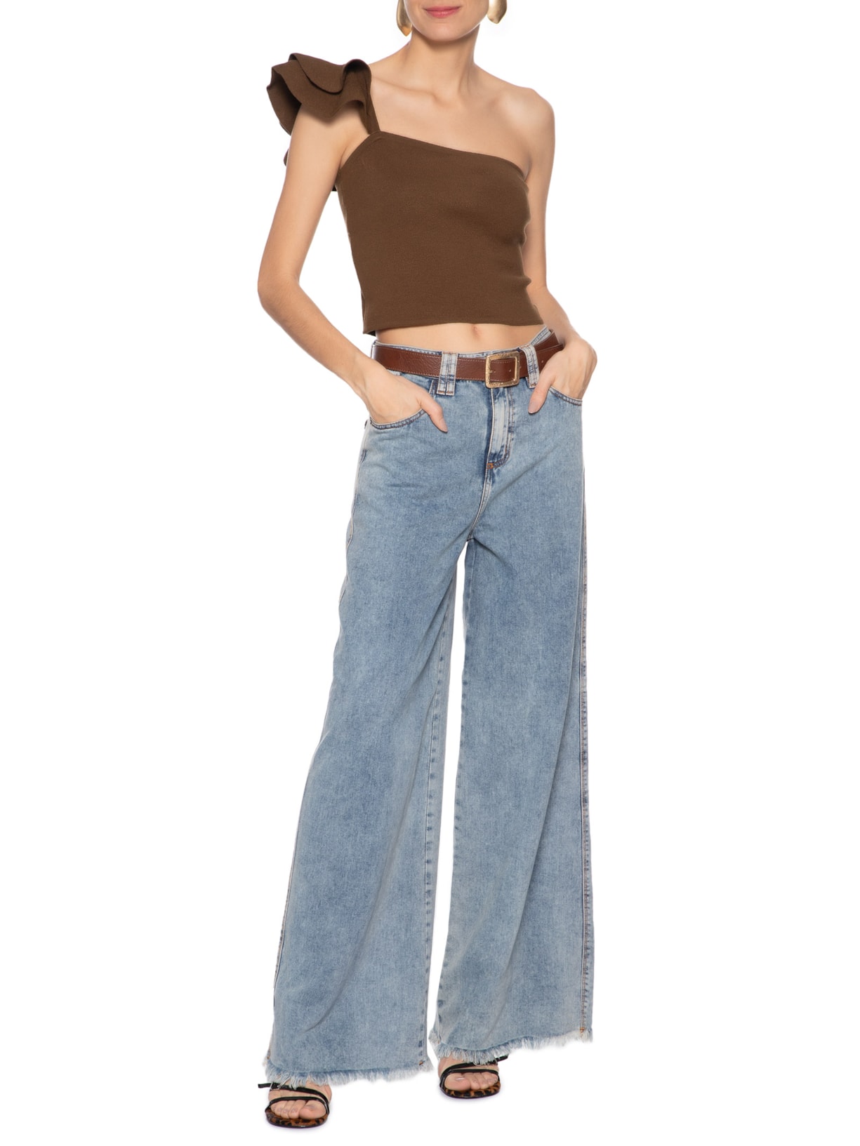 Top Em Tricot Com Alça Babado Marrom Market 33