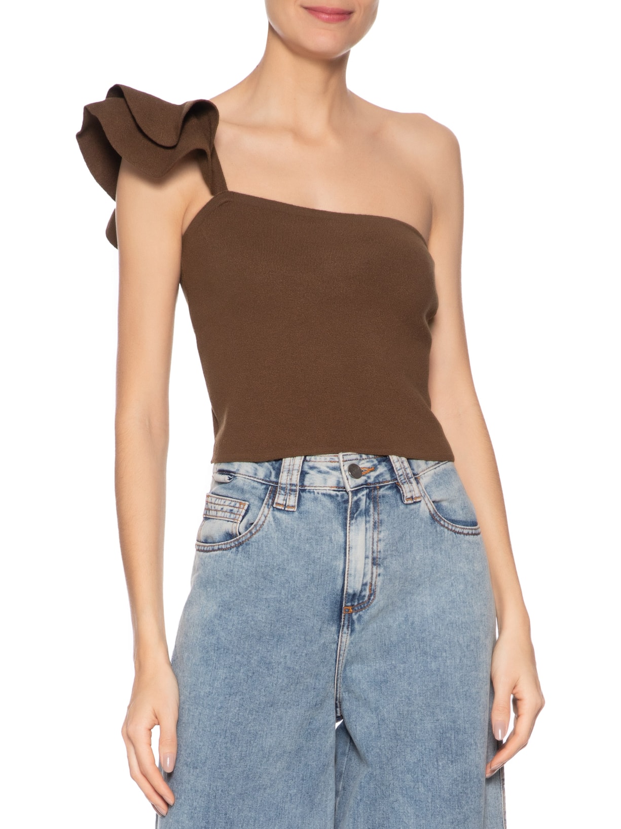 Top Em Tricot Com Alça Babado Marrom Market 33