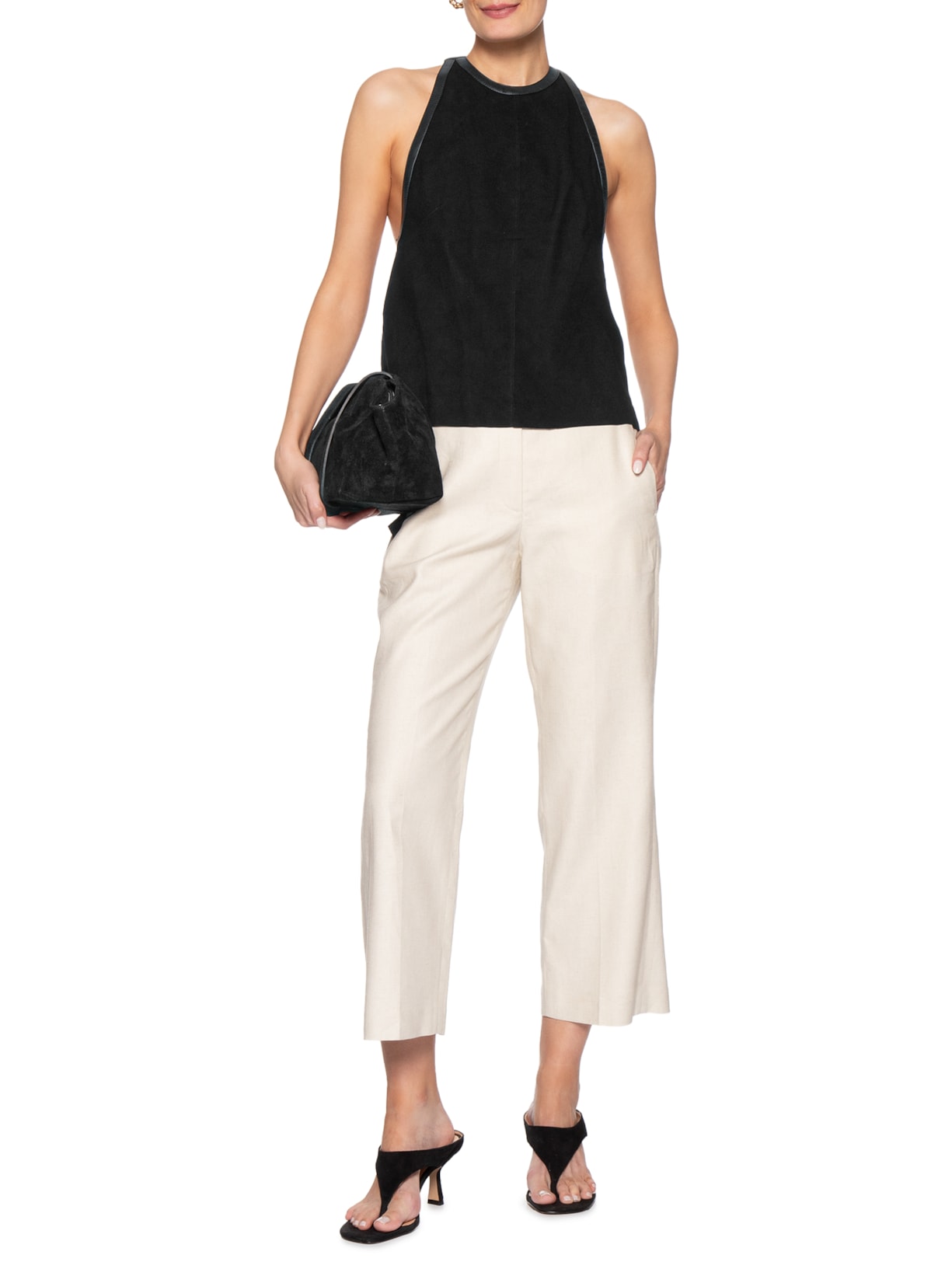 Top Feminino de Couro Mix Textura Preto Animale