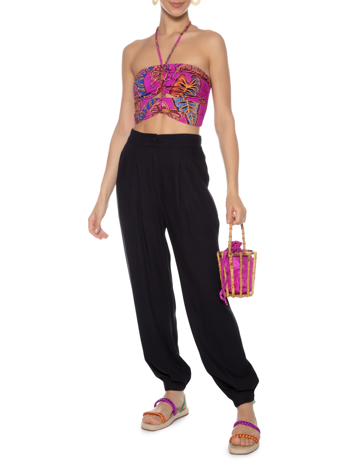 Top Franzido Folhagem Cool Rosa Farm