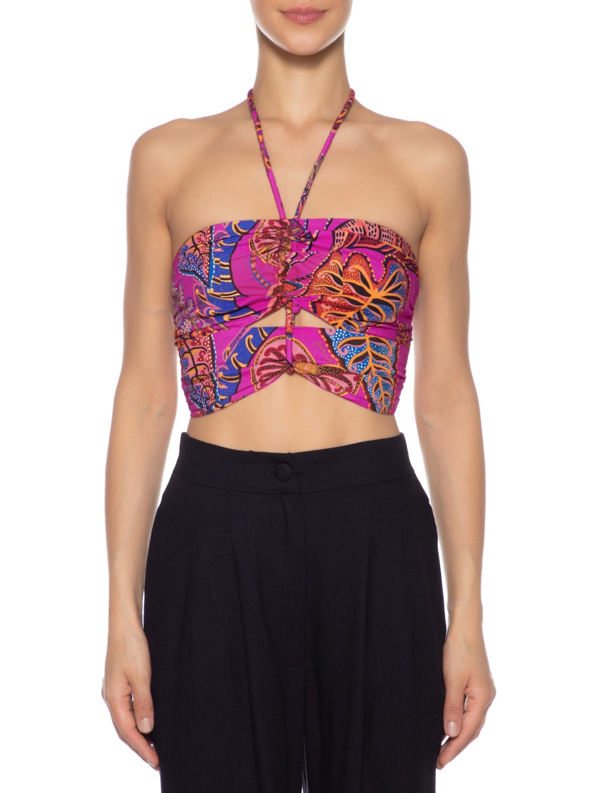 Top Franzido Folhagem Cool Rosa Farm