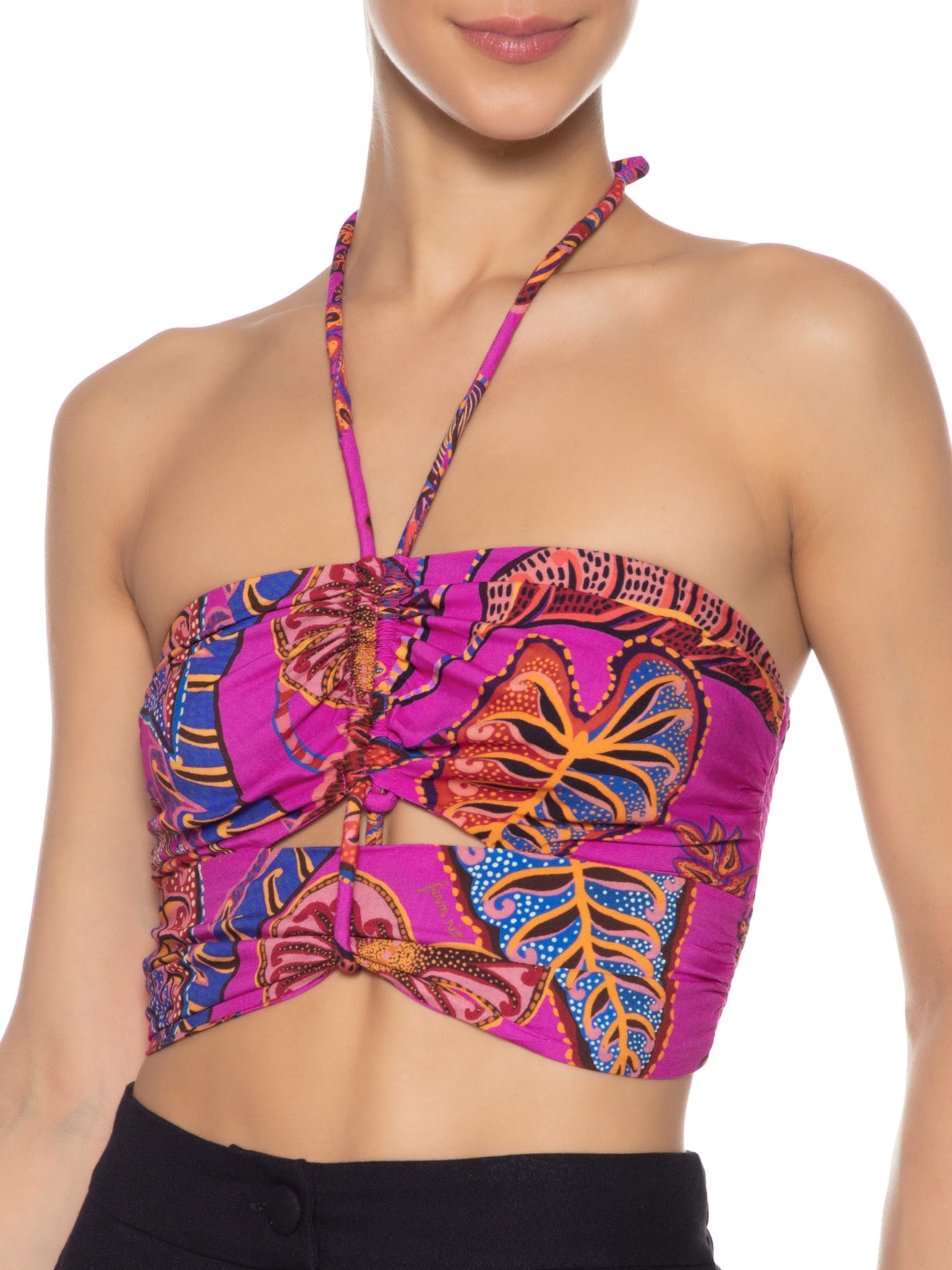 Top Franzido Folhagem Cool Rosa Farm