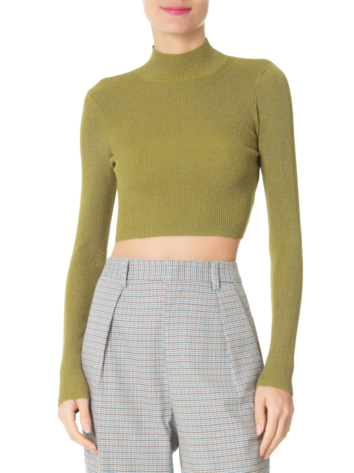 Top Gola Alta Cropped Lurex de Tricot Verde Animale