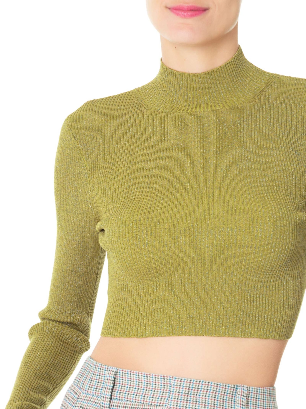 Top Gola Alta Cropped Lurex de Tricot Verde Animale