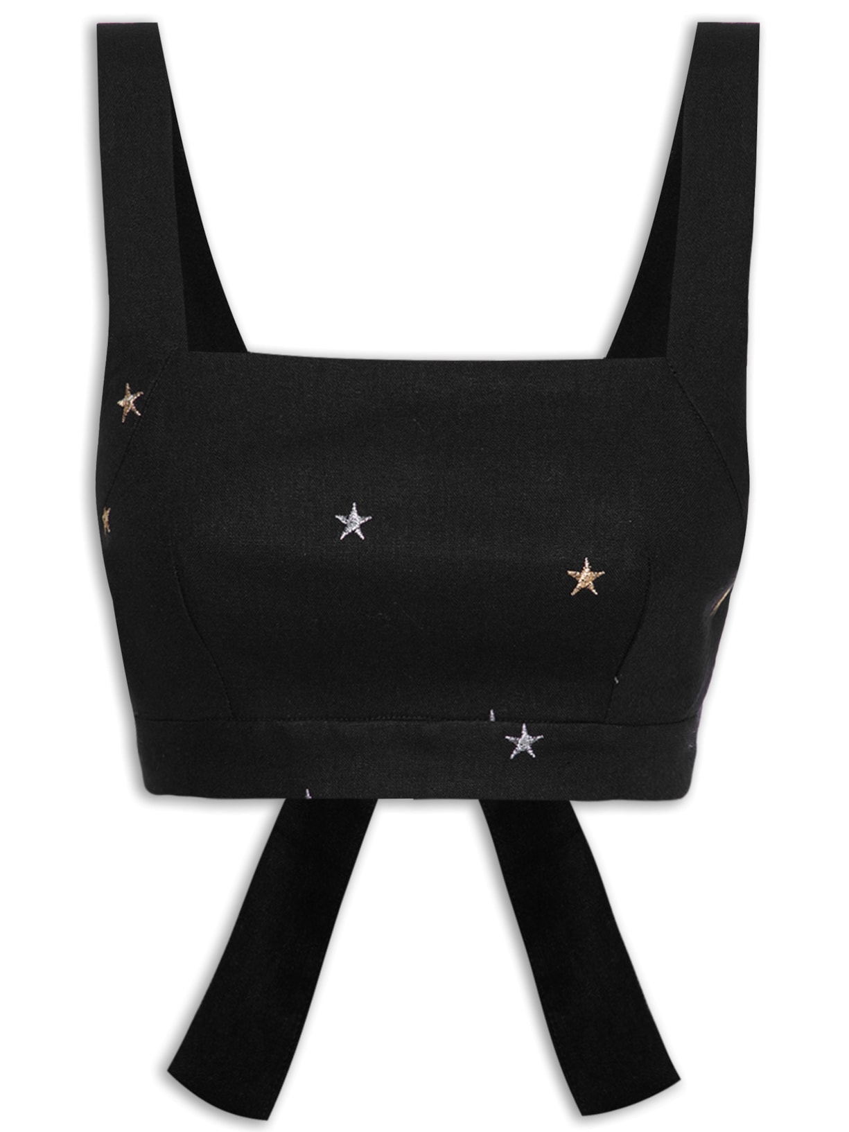 Top Linho Bordado Estrelas Lurex - Preto