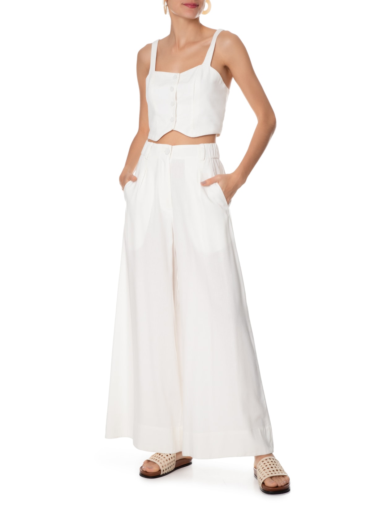 Top Linho Botões Frente Off White Dress To