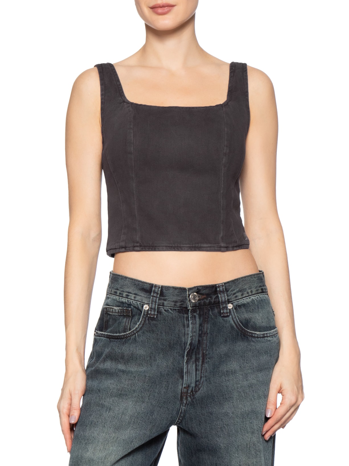 Top Sarja Recortes E Zíper Costas Marrom Animale Jeans