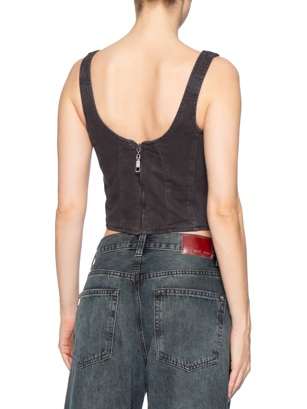 Top Sarja Recortes E Zíper Costas Marrom Animale Jeans