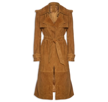 Trench Coat de Chamois Longo Clássico - Marrom