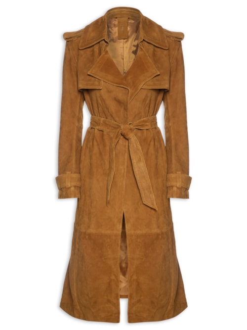 Trench Coat de Chamois Longo Clássico - Marrom